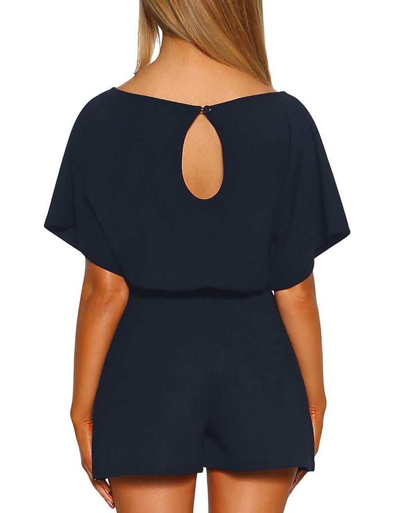 Vetinee Womens Navy Blue Summer Casual Belted Romper Keyhole Back Short Sleeve Jumpsuit Playsuit X-Large - Image 2